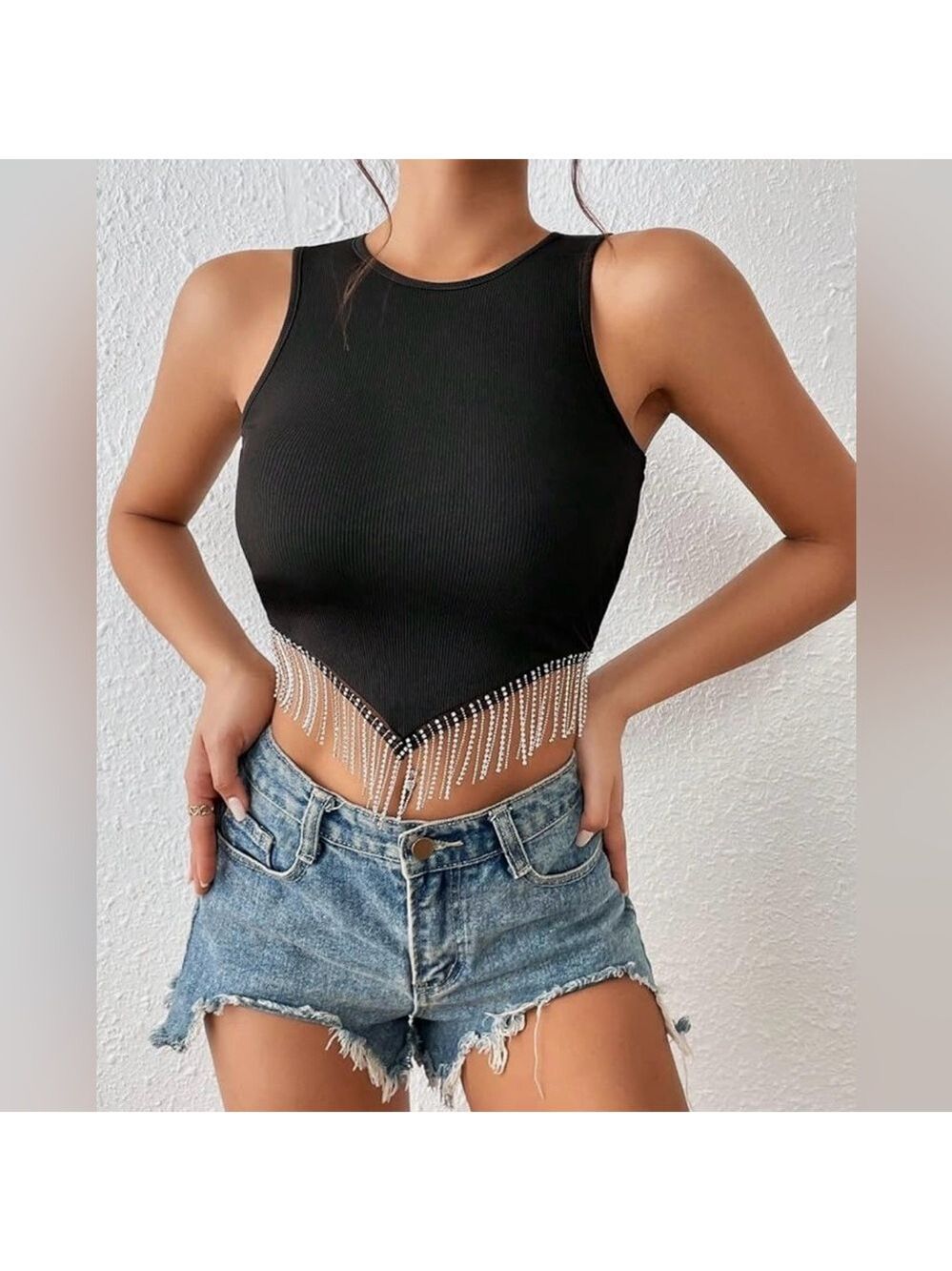 NWOT Rhinestone Fringe Trim Cropped Top